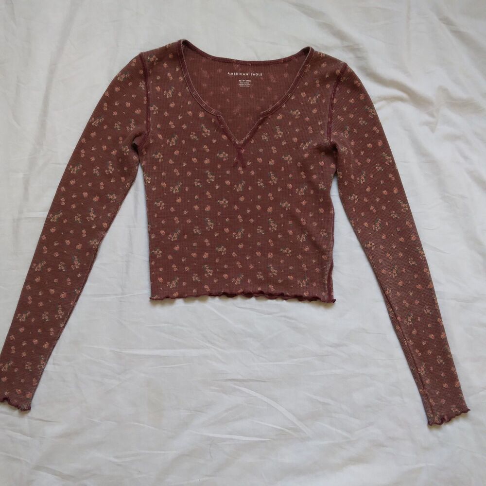 American Eagle Long Sleeve Crop Top Waffle Floral Brown Peach Green Womens XS